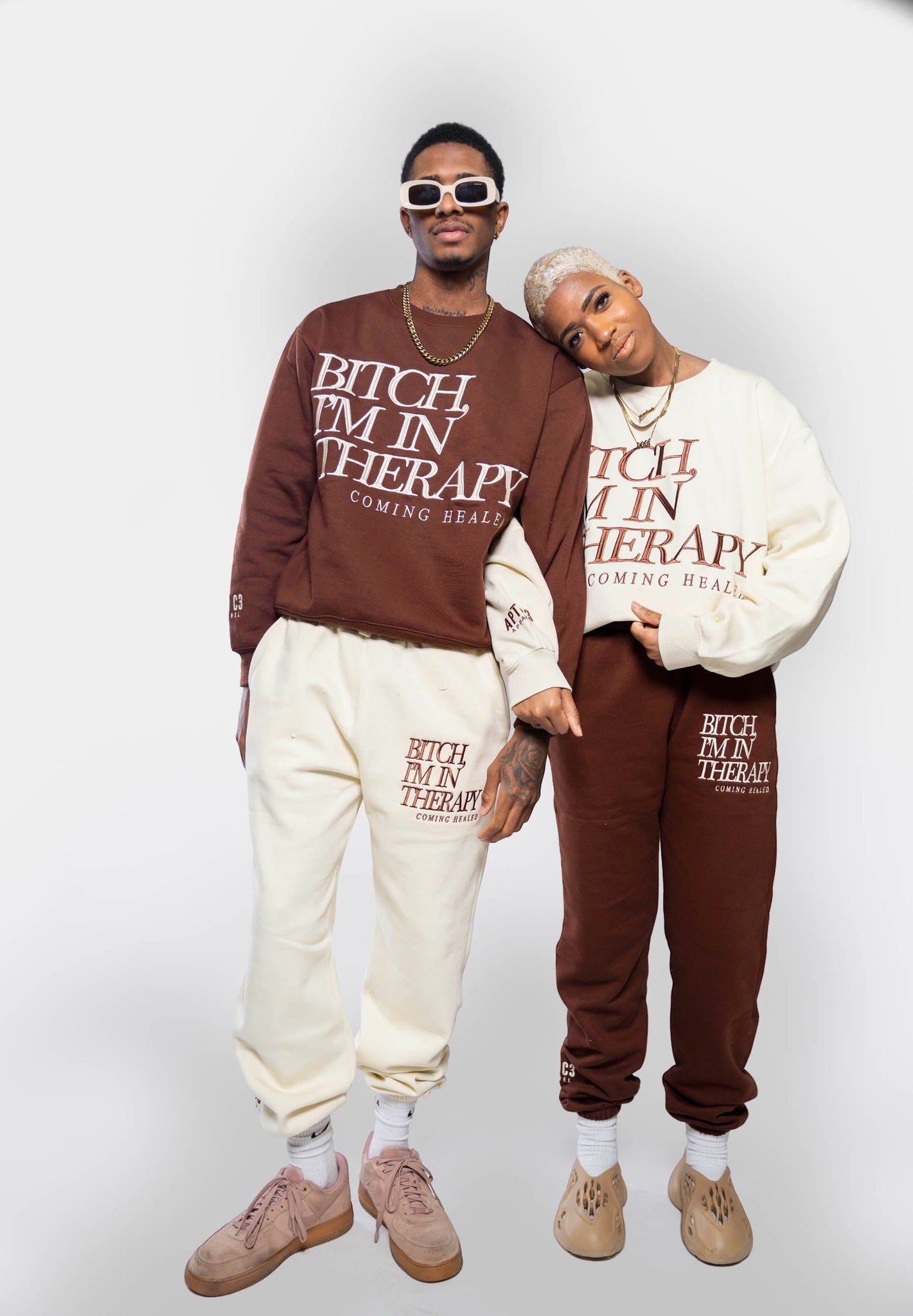 BITCH, I'M IN THERAPY; COMING HEALED Brown Crewneck